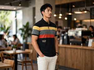 Oneten <b>Men's</b> <b>Black</b> Color Block Striped <b>Polo</b> Shirt Short Sleeve Casual Regular Fit Top - Product Image 6