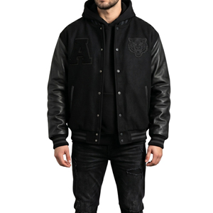 Chaqueta Varsity Negra para Hombre con Capucha, Mangas de Cuero PU, Letra A Bordada, Logotipo de Tigre en la Parte Delantera, Ropa Casual de Otoño - Product Image 1