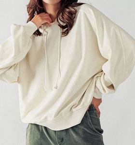Sweat-shirt à capuche surdimensionné pour femme, couleur unie jaune, en coton tricoté respirant, pour l'automne, longueur normale, manches longues - Product Image 5