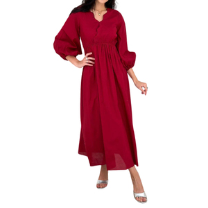 Women's V Neck Puff <b>Sleeve</b> Maxi <b>Dress</b> Elastic Waist A Line Solid Casual Long <b>Dress</b> - Product Image 3