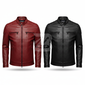 Zarina Wear Men Genuine Leather <b>Jacket</b> <b>Red</b> Biker Motorcycle <b>Jacket</b> Stand Collar Zip Up Matte Black Hardware OEM - Product Image 1