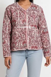 Veste courte matelassée réversible à fleurs rouges pour femmes, en coton fait main, respirante, broderie écologique, hiver - Product Image 3