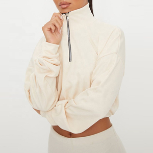 Sweat-shirts courts tendance pour femmes à col zippé, avec logo brodé coloré personnalisé, sweats à capuche à col montant, pulls à épaules tombantes, fabrication OEM - Product Image 4