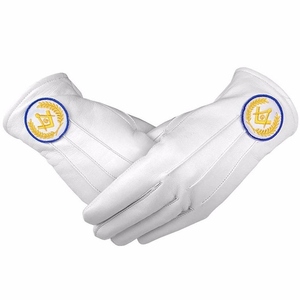 Guantes de Cuero Blanco Personalizados para Maestro Masón, Bicolor Amarillo y Azul, con Bordado de Compás Cuadrado y G, Guantes de Vestir para Logia Azul - Product Image 1