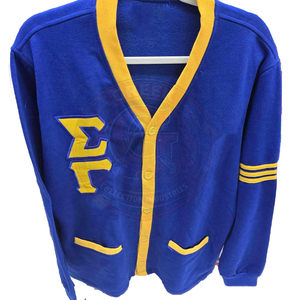 custom Royal Blue Gold Sigma Sorority <b>Cardigan</b> Women's sweaters 100% cotton fleece V-Neck <b>Long</b> Sleeve Embroidered Greek Letters - Product Image 1
