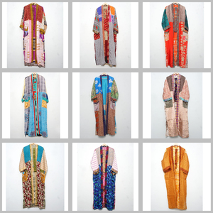 Peignoir Kimono en Satin de Soie 100% Respirant, Multicolore, Style Indien, Assortiment Varié, Vente en Gros, Vêtements de Nuit Faits Main, Patchwork Maxi Kantha - Product Image 1