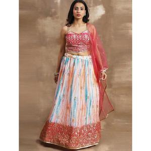 Elegant <b>White</b> & Pink <b>Sequin</b> Chinon Reception Wear Lehenga Choli - Product Image 5