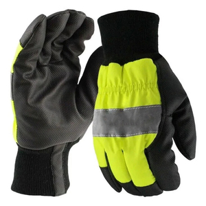 High Visibility Yellow Fabric Black Synthetic Leather Palm Work <b>Gloves</b> Reflective Strip Knit Elastic Wrist Mechanics Hand <b>Gloves</b> - Product Image 1
