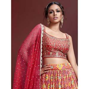 Wedding Wear Plus Size <b>Red</b> Embroidered Chinon <b>Lehenga</b> Choli - Product Image 4