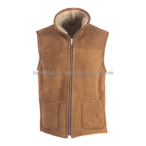 <b>Men's</b> Brown <b>Leather</b> Vest Shearling Collar Sleeveless Utility <b>Waistcoat</b> Zipper Front Multi Pocket Motorcycle Biker Custom OEM Top - Product Image 4
