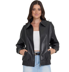 Women's Black PU Leather Bomber Jacket With <b>Zipper</b> Closure Turn Down Collar Full Sleeve Autumn Style - Product Image 1