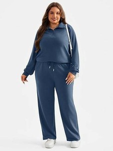Custom Women's Navy Blue Knitted Tracksuit Set Full Sleeve Loose Fit Casual Wear Solid Color Two Piece Pants and <b>Top</b> Outfit OEM - Product Image 1