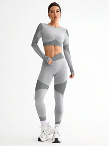 Women 2 Piece Yoga Set Gray Geometric Print Long Sleeve <b>Crop</b> <b>Top</b> High Waist Full Length Leggings Seamless Four-Way Stretch - Product Image 1