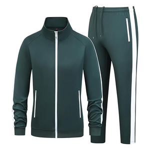 Ensemble de survêtement unisexe vert foncé uni, fermeture éclair intégrale, col rabattable, style sportif, séchage rapide, personnalisable, léger, vêtements d'automne pour adultes - Product Image 1