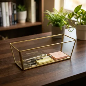 Glass <b>Desk</b> Organizer Storage Tray Minimalist Design Brass Frame Lacquered Finish Jewelry Holder Tabletop Decor for Living Room - Product Image 1
