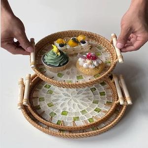 Handmade Mother Pearl <b>Rattan</b> Tray Vietnam Big Snack Dessert Fruit Teahouse Storage Baskets Custom Serving Trays <b>Coffee</b> <b>Table</b> - Product Image 5