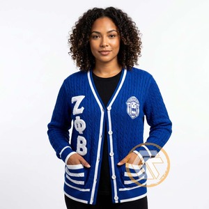 Tresors grecs : Cardigan décontracté en acrylique tricoté pour femme, brodé Zeta Phi Beta, couleur unie, à prix réduit, best-seller - Product Image 4