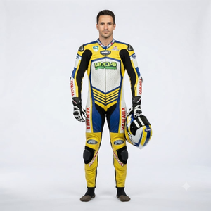 Combinaison de course premium Ramaha pour homme, 1 pièce, en cuir de vache véritable/cuir de kangourou, style MotoCP, combinaison de course sur circuit, niveau de protection 2 - Product Image 1