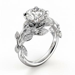 Fancy 14K Solid Gold or Silver Floral Leaf Design Round Diamond Engagement Ring Nature Inspired Wedding Promise Ring <b>For</b> Women - Product Image 3