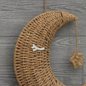 Décoration murale en rotin naturel tressé à la main, lune et étoiles, pour chambre d'enfant, art céleste écologique, décoration de chambre d'enfant - Product Image 4