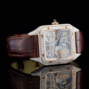 Montre analogique mécanique de luxe en acier inoxydable doré rose avec bracelet en cuir marron, cadran squelette et diamants Moissanite, style Hip Hop - Product Image 5