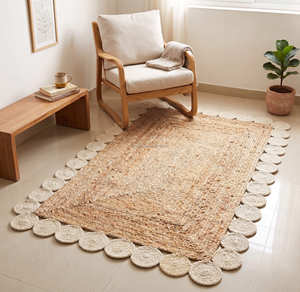 90 × 150 cm Natural Rectangular Braided Jute Rug with Scalloped Border for Rustic Homes - Product Image 1