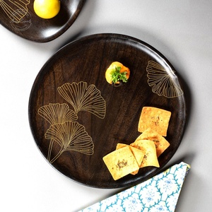 Round Acacia Wood <b>Serving</b> <b>Tray</b> With <b>Gold</b> Ginkgo Engraving Japandi Style Lacquered Finish For Table Use - Product Image 1