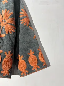 Bohemian Grey <b>Velvet</b> Embroidered Suzani <b>Jacket</b> With Orange Floral Threadwork Full Sleeve Stand Collar <b>Women's</b> Winter Outerwear - Product Image 4