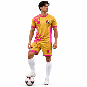 Ensemble de maillots de football personnalisés par sublimation pour hommes, uniforme de football à manches courtes, t-shirt et short d'équipe sportive, kit de football respirant or rose - Product Image 4