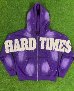 Sudadera con Capucha Hard Times Bordada con Pedrería para Hombre, Naranja, Estilo Urbano, Corte Holgado, Transpirable, de Algodón French Terry - Product Image 3