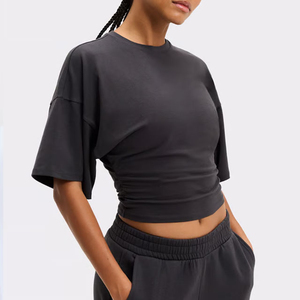 Haut court d'été pour femme, couleur unie, à carreaux, col rond, manches courtes, épaules tombantes, tricoté, coupe classique, décontracté, écologique - Product Image 3