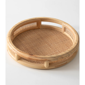 Plateau de service en rotin de style bohème de qualité supérieure, fait main, avec poignée en bois massif, écologique, pour thé, collations, décoration de la maison, panier haut de gamme - Product Image 1