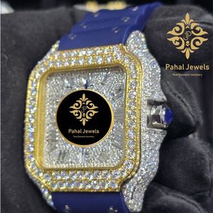 Montre à cadran carré en diamant, montre-bracelet mécanique dorée, bracelet bleu, cadran en strass, style bijou - Product Image 3