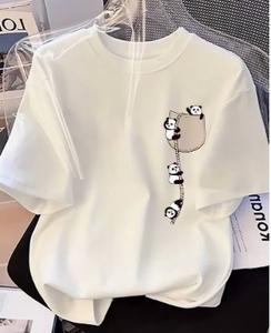 Weißes Damen-T-Shirt mit Cartoon-Panda-Aufdruck, O-Ausschnitt, überschnittene Schultern, kurze Ärmel, lässiges Sommer-Top - Product Image 4