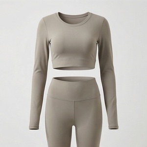 Ensemble de yoga 2 pièces pour femmes, haut court sans couture à manches longues et leggings taille haute - Product Image 1
