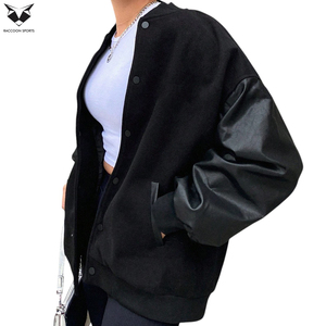 Veste universitaire noire pour femme, manches longues, boutonnée, col rabattu, couleur unie, tenue d'automne, garniture contrastante, coupe classique, en cuir PU - Product Image 2