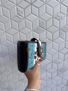 Designer Hair On Hide <b>Leather</b> Clutch Carving <b>Tooled</b> <b>Leather</b> Wallet Vintage Turquoise Colour <b>Leather</b> Credit Cards Cash Holder - Product Image 1