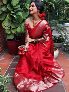 KV <b>Red</b> Woven Designer Banarasi Silk Kanjivaram <b>Saree</b> With Unstitched - Product Image 6