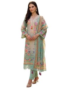 Ensemble 3 pièces pour femme en lin tissé brodé floral, comprenant un kurta droit mi-mollet à col en V, un pantalon et un dupatta - Product Image 1