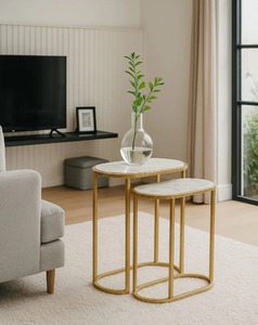 Modern Marble Top Nesting Tables with Gold Metal <b>Frame</b> Minimalist Indoor Side Table Set - Product Image 2