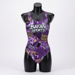 Traje de baño para mujer, tela de poliéster y spandex de 200 GSM, estampado gráfico morado, traje de baño con logo personalizado por sublimación para mujer. - Product Image 4