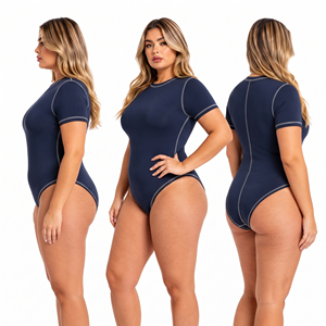 Wholesale Plus Size Navy Blue Short Sleeve Bodysuit Contrast Stitching Women One Piece Round Neck Casual Bodysuit for Women - Product Image 6