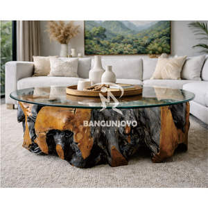 Mesa de Centro Redonda Moderna con Raíces de Madera de Teca y Diseño Combinado con Tapa de Vidrio para Sala de Estar, Muebles para el Hogar - Product Image 3