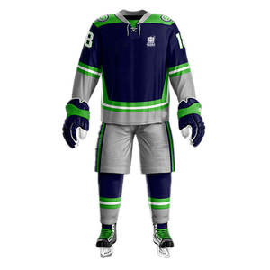 Conjunto de Jersey de Hockey sobre Hielo Sublimado para Hombre, Azul Marino, Verde y Blanco, Manga Larga, Absorbe la Humedad, Uniforme de Equipo para Adultos, Corte Regular - Product Image 1