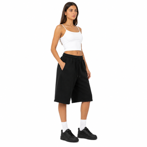 <b>Women's</b> <b>Black</b> Bermuda Sweat <b>Shorts</b> Mid Waist Drawstring Loose Fit Casual Solid Color Fleece Material Knee Length With Pockets - Product Image 4