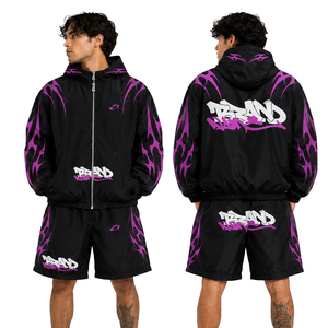 Custom Nylon Windbreaker Short Set Plaid Pleated Fabric Breathable Printed Mens Jackets Shorts <b>Zip</b> <b>Up</b> 2 Piece Tracksuits Hoodies - Product Image 1