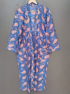 Bata de dormir para mujer con estampado de cachemira azul, manga larga, largo completo, tejido suave, con cierre de cordón - Product Image 3