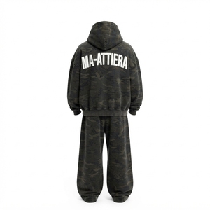 Men <b>Black</b> Green Camouflage <b>Zip</b> <b>Up</b> <b>Hoodie</b> Tracksuit Set Loose Fit Wide Leg Streetwear Custom OEM ODM Wholesale - Product Image 4