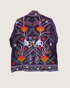 Manteau en velours pour femmes grandes tailles, col mandarin, manches longues, broderie florale à la main, style chinois, vêtements d'extérieur d'automne - Product Image 4