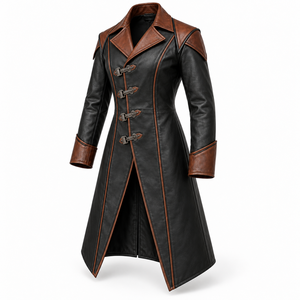 <b>Men's</b> Gothic Leather <b>Trench</b> <b>Coat</b> Black Brown Two Tone Long Overcoat with Metal Buckles - Product Image 5